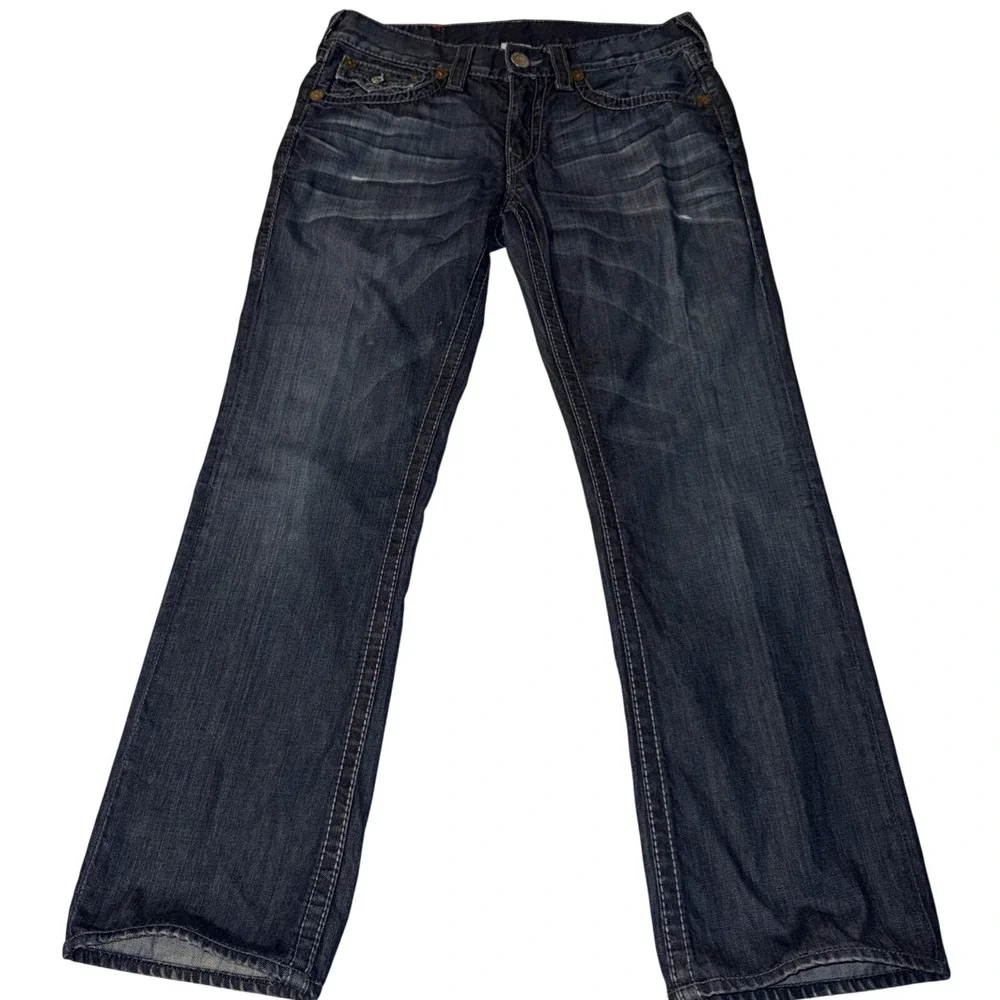 True Religion Mens Straight Leg Jeans Dark Wash Contrast Stitch Size 33 USA Made